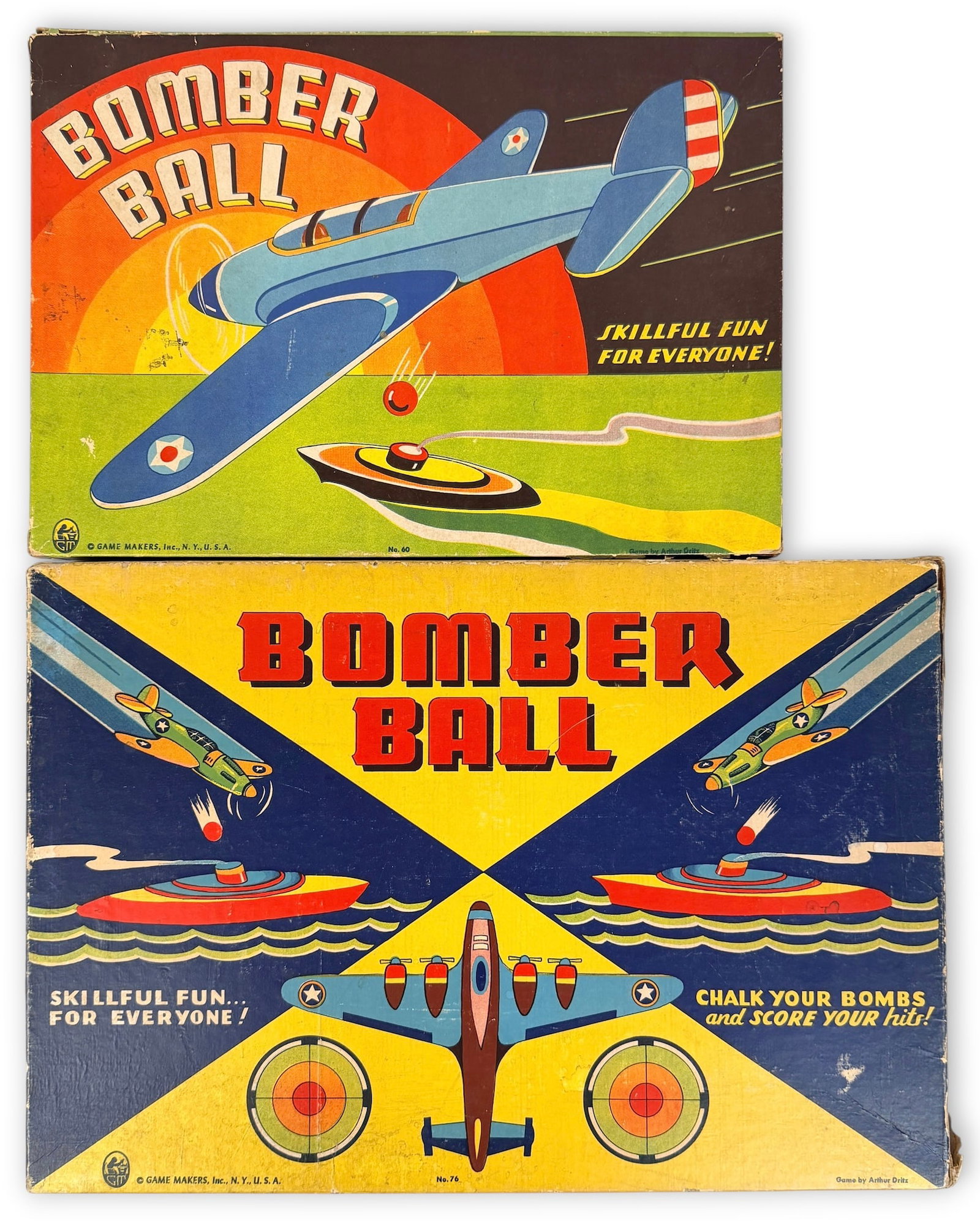 (2) Vintage "Bomber Ball" Games: These two games show the progression of Arthur Dritz's game design. Lot Includes: Bomber Ball (No. 76) from Game Makers Date: circa 1950 Game is missing 3 chalk bombs &
