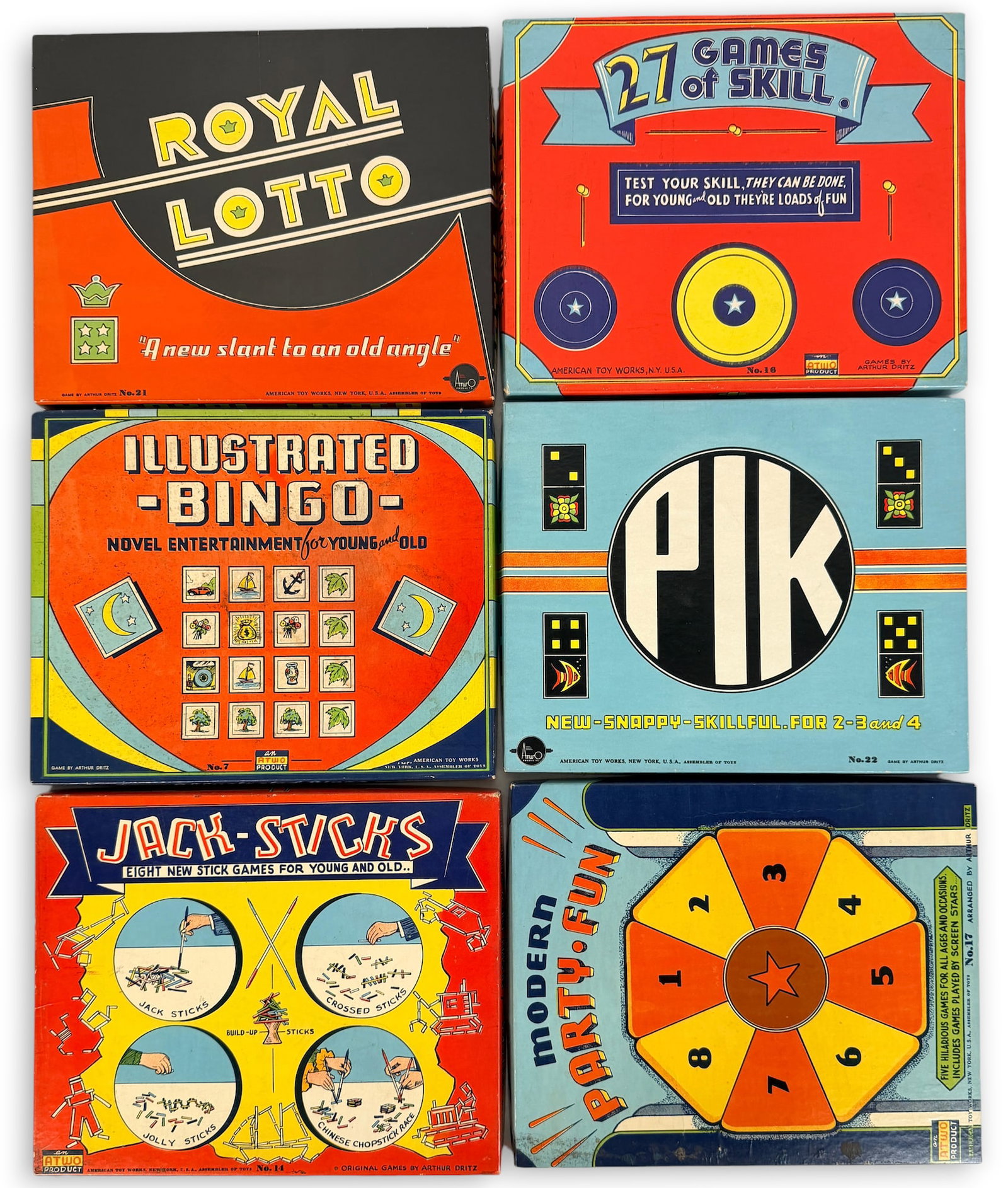 (6) Vintage Arthur Dritz Designed Games: The Lot Includes the Following Games: Jack Sticks from American Toy Works Date: 1930s A few sticks may be missing. Modern Party Fun from American Toy Works Date: 1930s Game is