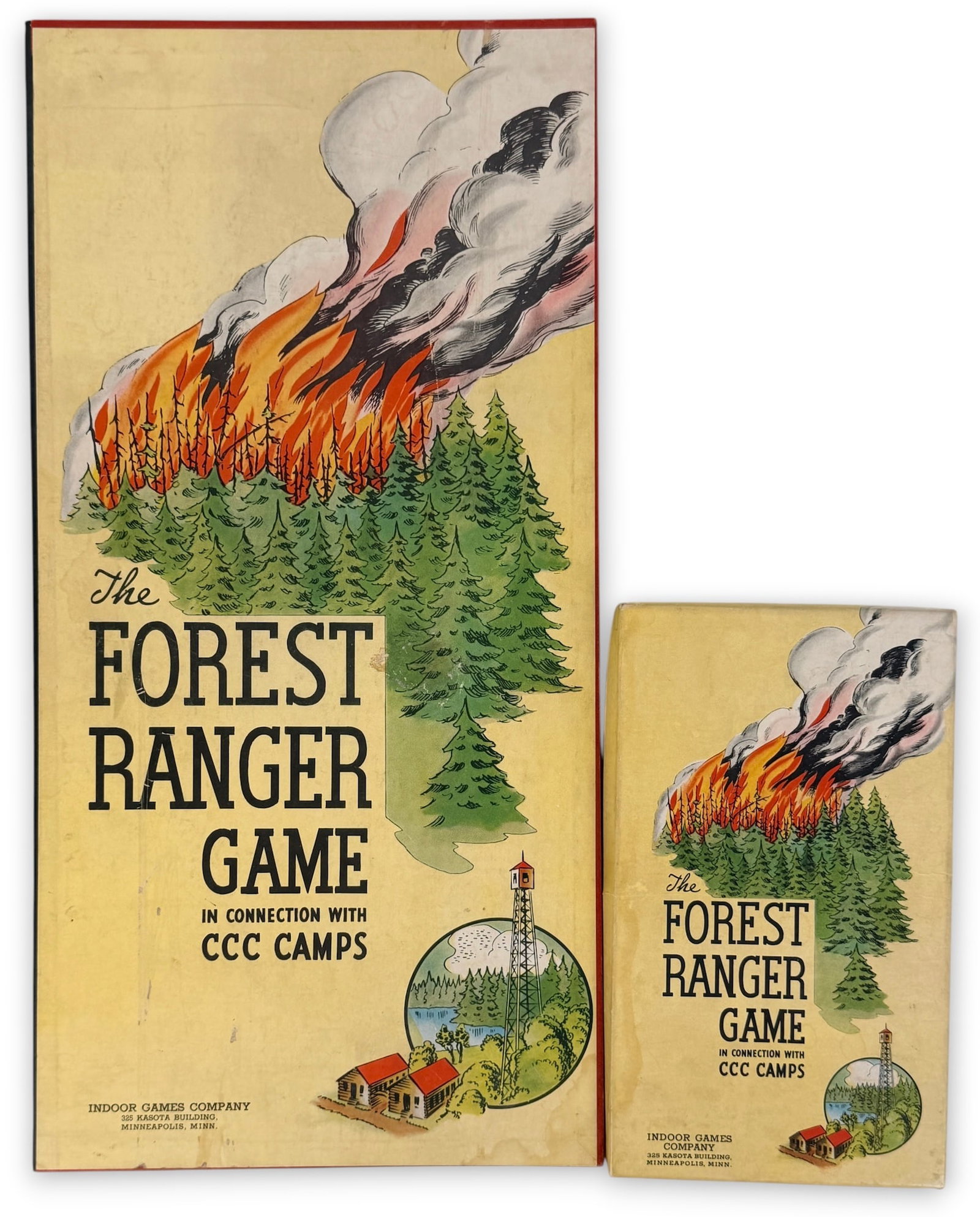 Vintage "The Forest Ranger Game" Board Game: Produced by Indoor Games Co. Date: 1930s Dimensions of Board: 18" x 18" Condition: The game is missing the yellow marker. Wear and aging to the game and board