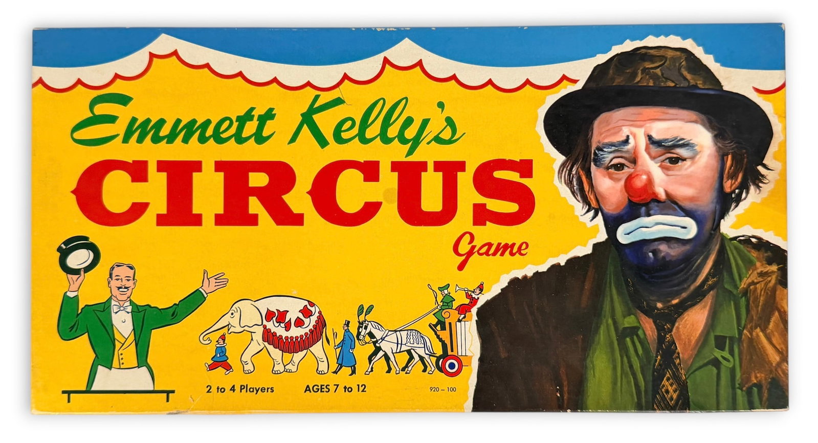 1953 "Emmett Kelly's Circus Game": Produced by E. E. Fairchild Corp. Dimensions: 16 1/2" Wide x 8 1/2" Deep x 1 1/4" Tall Condition: Wear and aging to the box and pieces. Game is complete. Pleas
