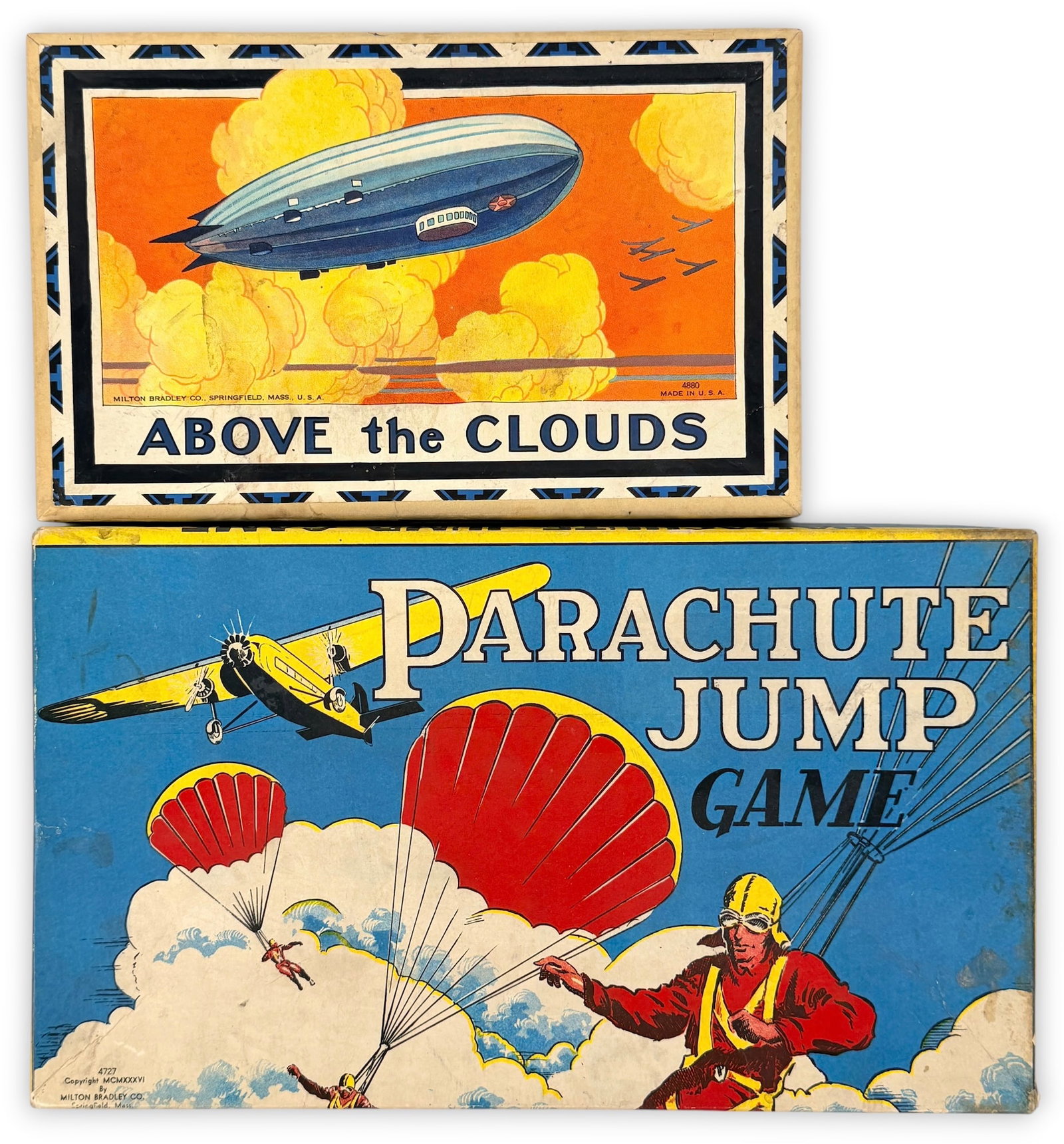 (2) Vintage Aviation Games: Lot Includes: Above the Clouds (No. 4880) from Milton Bradley Date: 1927 Game is complete Parachute Jump (No. 4727) from Milton Bradley Date: 1936 Game is complete