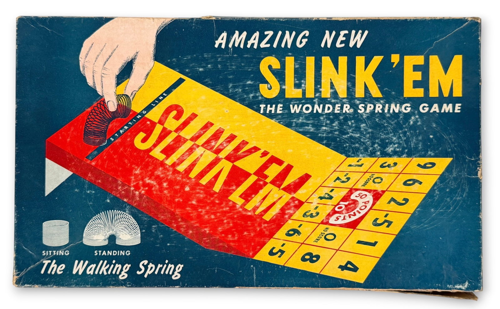 Vintage "Slink Em" Board Game: Produced by James Industries. Date: Circa 1950 Dimensions of Box: 16" x 9 1/2" x 1 1/2" Condition: Wear and aging throughout. There is a tear to the lid in the