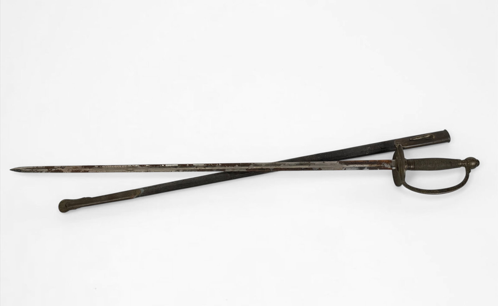 AMES U.S. Civil War N.C.O. Sword & Scabbard: Dimensions: 38 1/2" long from the tip of the blade to the end of the handle. Condition: Blade is very rusted. Oxidation to the brass handle and brass elements on the