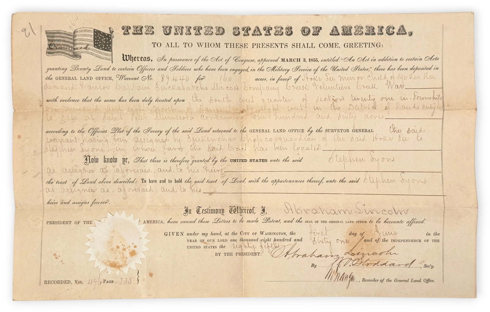 1855 Original United States Land Grant Document (1 of 3)