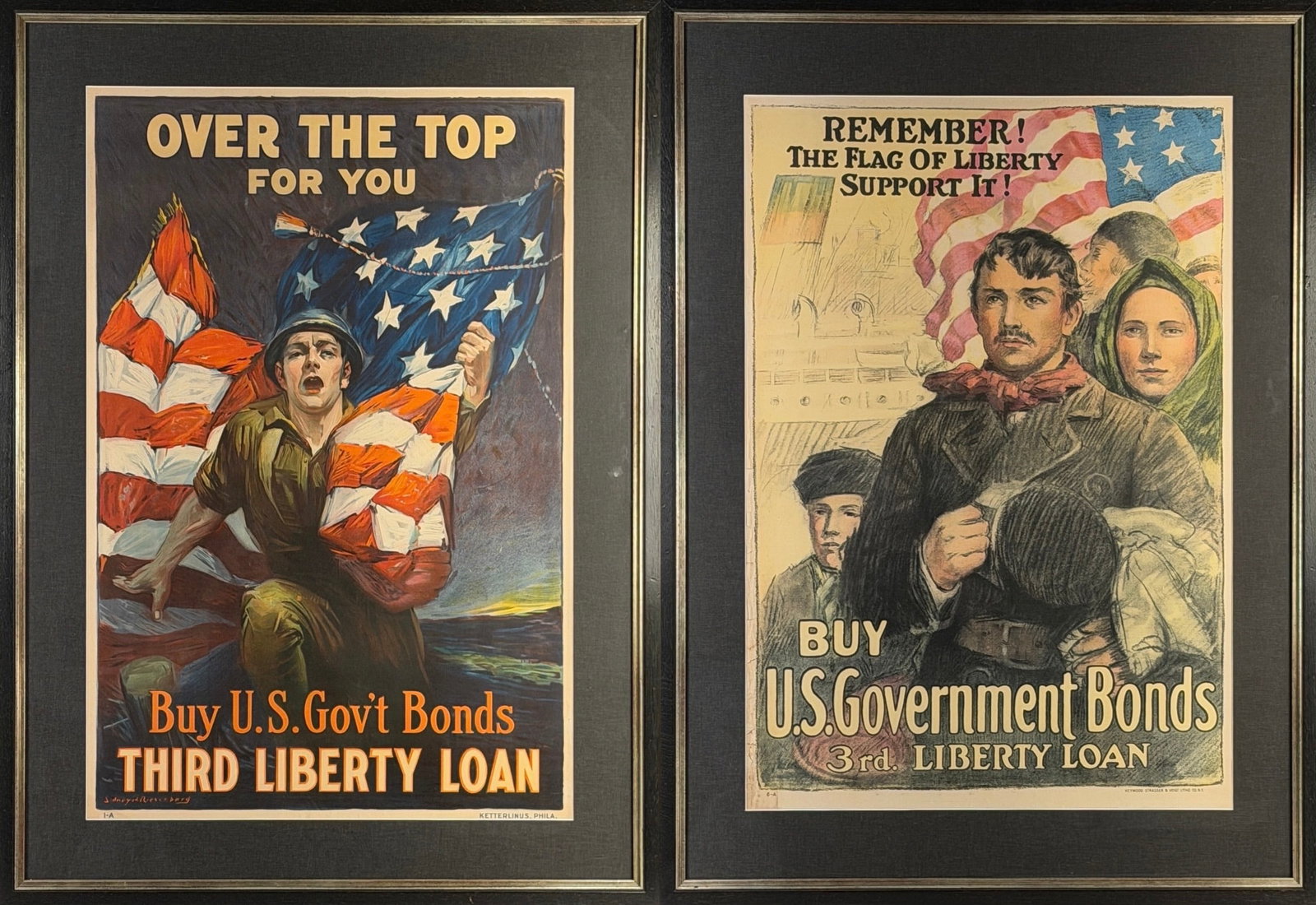(2) WW1 'U.S. Government Bonds' Posters: Image: 20" Wide x 30" Tall Frame: 27" Wide x 37" Tall Condition: Toning and minor wear consistent with age throughout both posters. Scratches and nicks to
