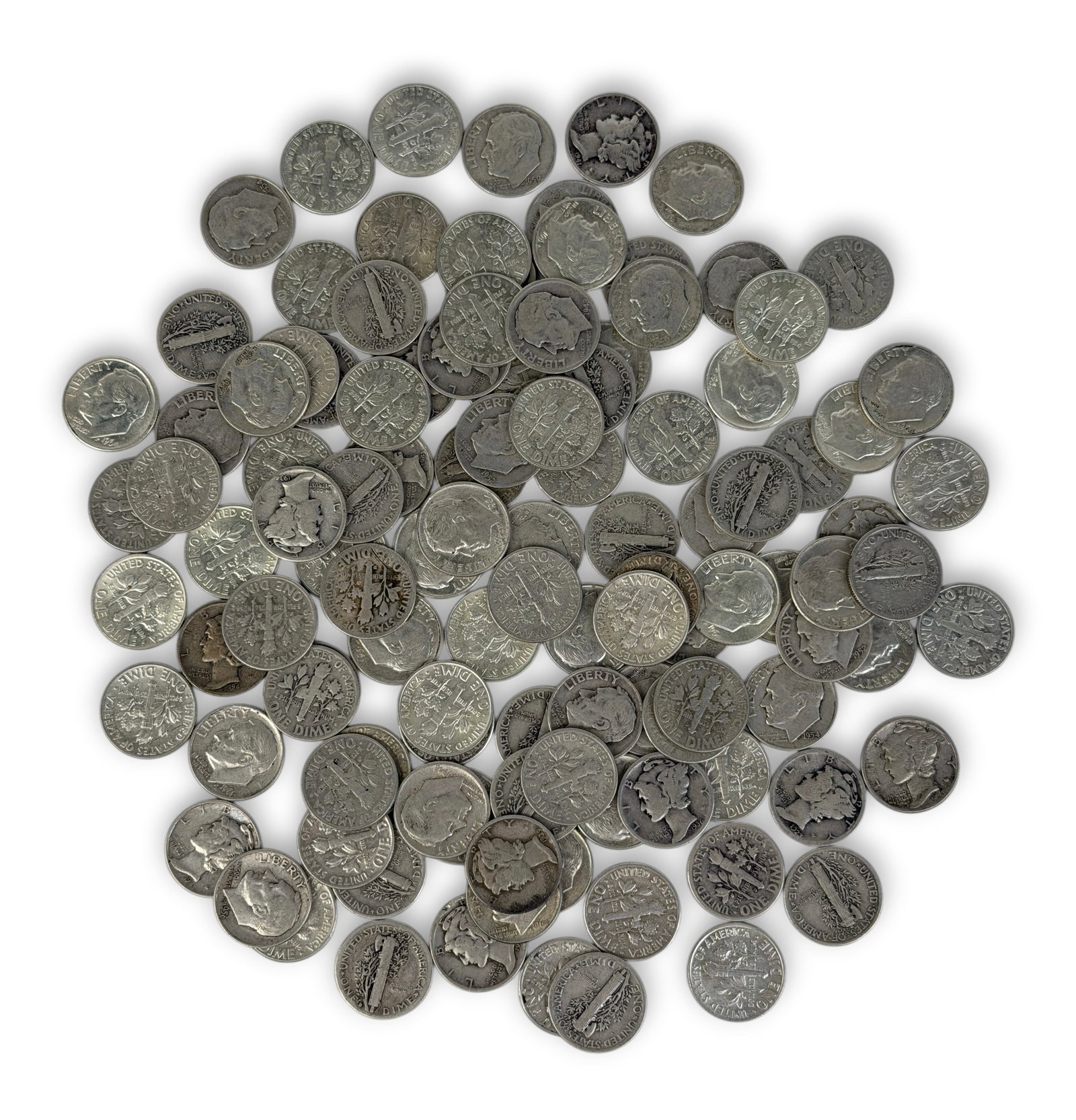 Approx (114) Silver Dimes: Various Dates. Condition: Various levels of tarnishing throughout. See images for details. 