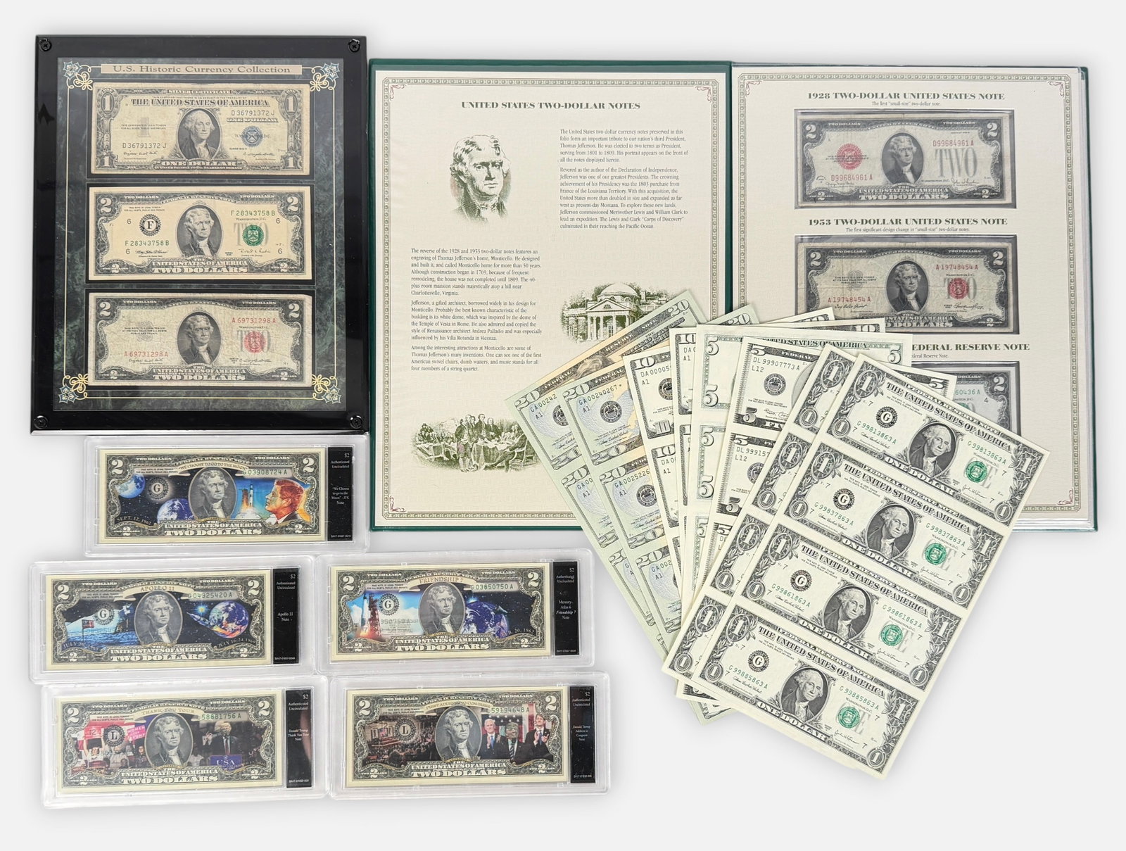 Group of US Currency: See images for details. Condition: The currency is kept in cases, overall in good condition. 