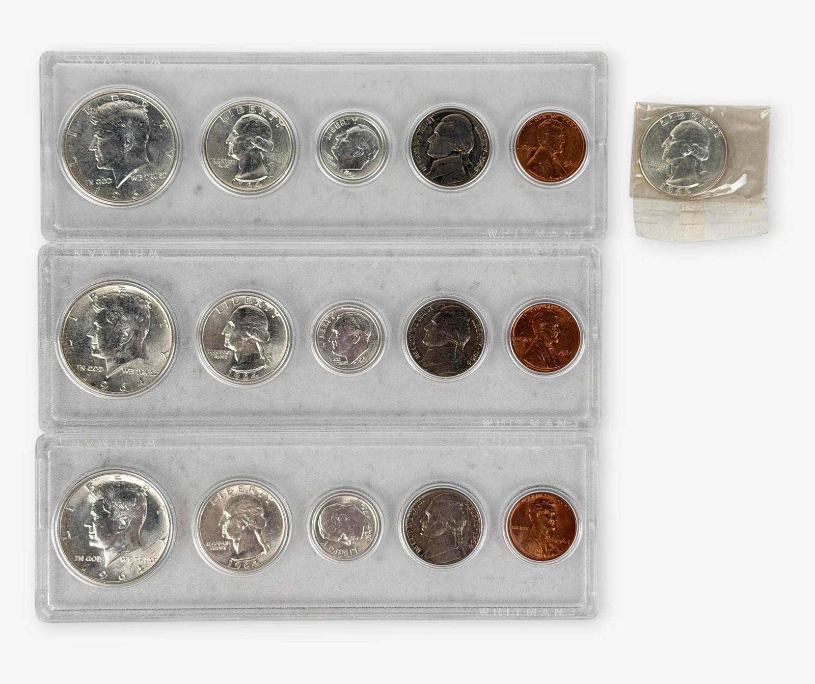 (3) 1964 Proof Sets & 1963 BU (Brilliant Uncirculated) Quarter: The proof sets are in plastic containers and sleeves. The BU quarter is in a plastic sleeve. Condition: Aging of the sleeves. Please see images for details. 