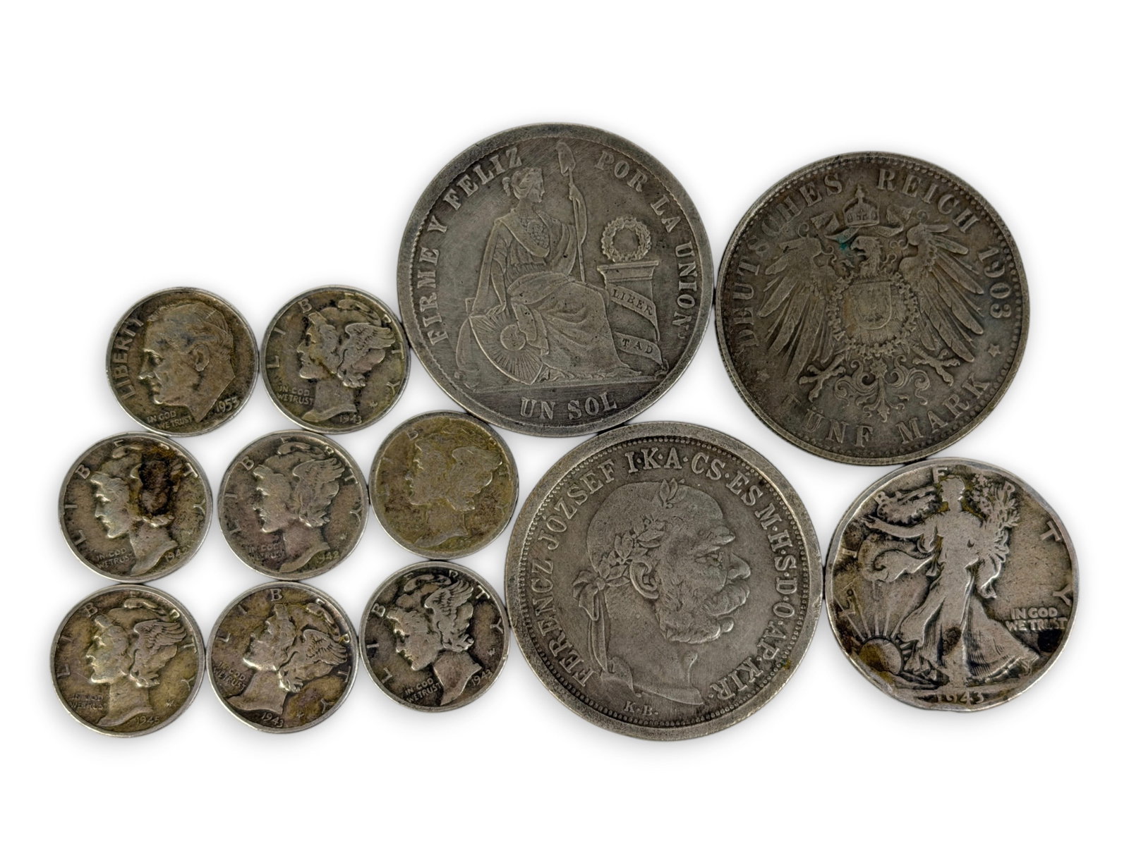 Group of US & Foreign Silver Coins: The coins are mixed currency. Weight: 2.62ozt Condition: Tarnishing and wear throughout the coins. See images for details. 