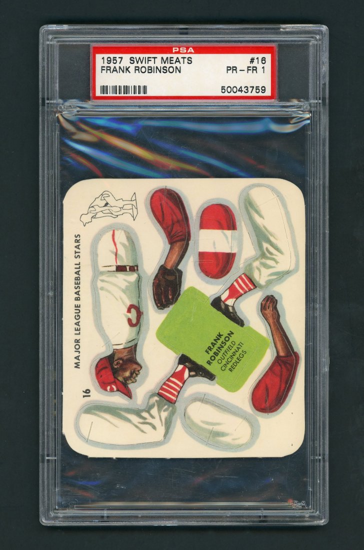 1957 Swift Meats Frank Robinson PSA 1: 1957 Swift Meats Frank Robinson PSA 1. Great eye appeal. PSA 1 because of small staple hole in bottom right corner.