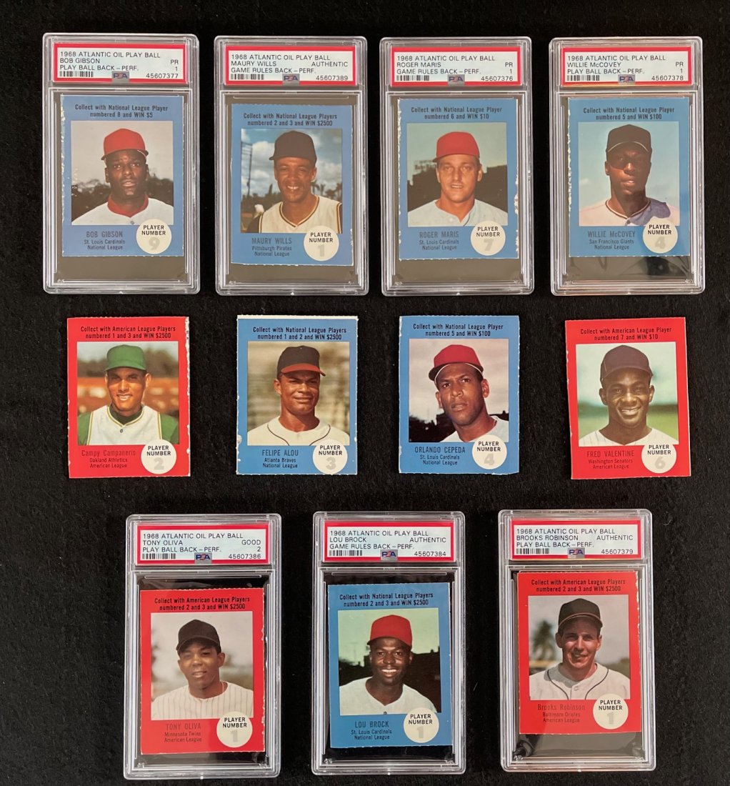 1968 Atlantic Oil Playball: 1968 Atlantic Oil Playball Cards. 7 graded PSA 4 non-graded. Roger Maris, Bob Gibson, Willie McCovey, Lou Brock, Brooks Robinson.