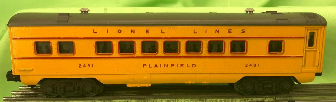 Lionel O gauge 2481 Plainfield passenger car: Postwar Lionel O gauge 2481 Lionel Lines Plainfield passenger car for the 2023 Union Pacific Alco diesel A units. Car looks nice clean and shiny C6+. Stripes appear to be original.