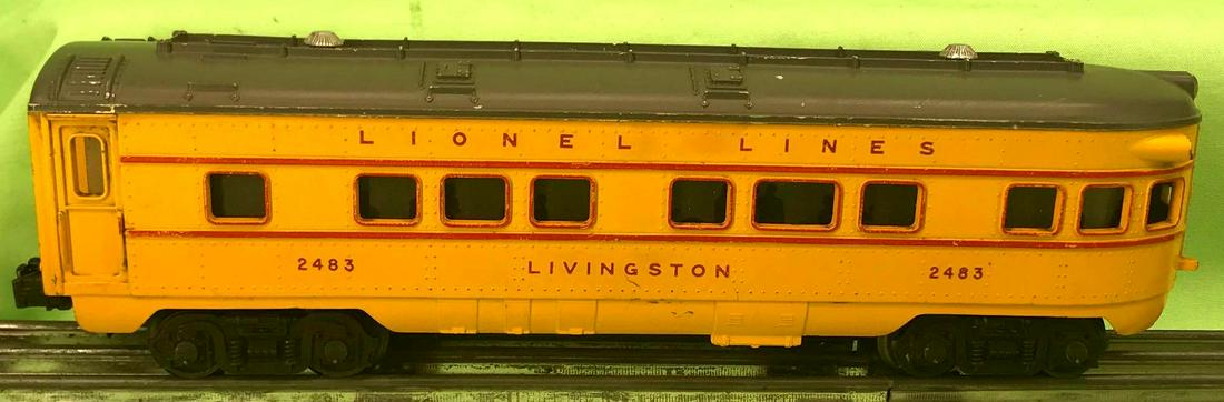 Lionel O gauge 2483 Livingston observation passenger: Postwar Lionel O gauge 2483 Lionel Lines Livingston observation passenger car for the 2023 Union Pacific Alco diesel A units. Car looks nice clean and shiny C6+. Stripes appear to be original. One