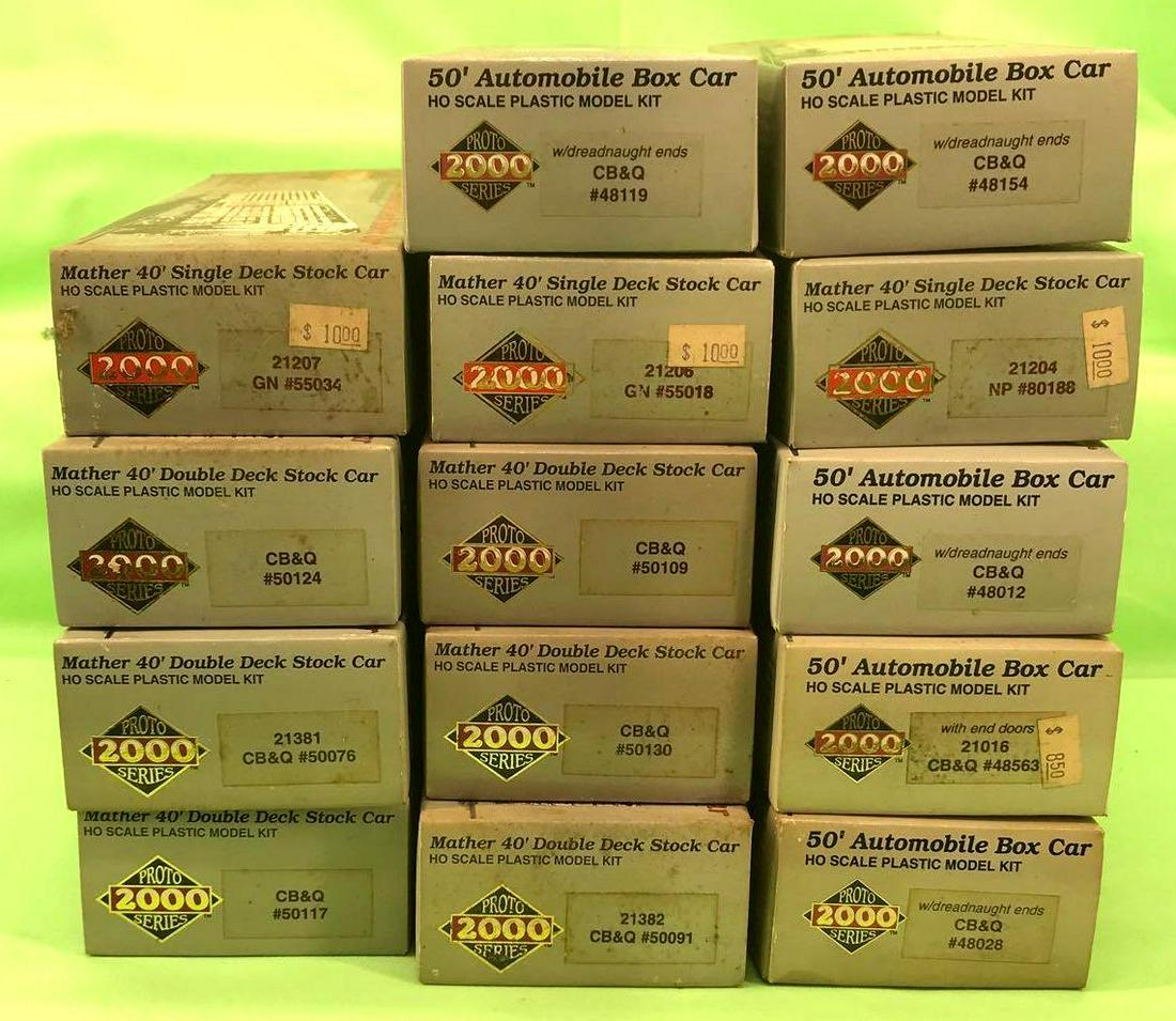 Fourteen Life-Like HO Proto 2000 single and double deck: Fourteen Life-Like HO gauge Proto 2000 Series Mather 40' single and double deck stock cars. 21204 NP #80188, 21206 GN #55018, 21207 GN #55034, CB&Q #'s 50124 50076 50117 50109 50130 50091.