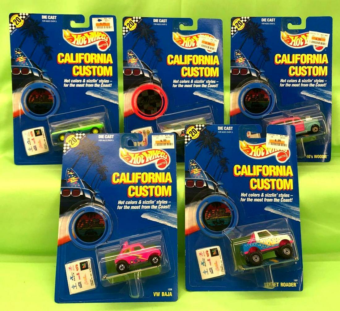 Hot Wheels California Customs group of 5 1989 Mint on: Hot Wheels 1989 California Customs, cars mint on original cards. Some cards have a price sticker. '40s Woodie, #1229; VW Baja, #1238; Street Roader, #1287; Mustang Convertible, #1247; Cobra, #1296