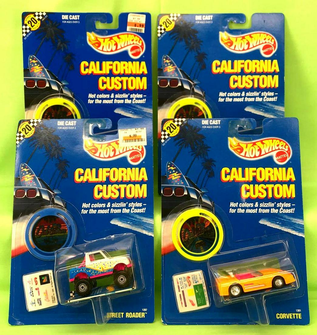 Hot Wheels California Customs group of 4 1998 Mint on: Hot Wheels 1998 California Customs cars mint on original cards. Some cards have a price sticker on front. Street Roader, #1287; Corvette, #1301; Mercedes 380EL, #3368; Banshee, #1303.