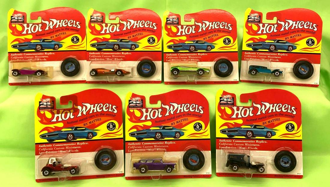 Hot Wheels 25th Anniversary group of 7 Mint On Card: Hot Wheels 25th Anniversary group of seven 1992 cars Mint On Card, some have a price sticker. Lot consists of: Red Baron red, #5700; Classic Nomad purple, #5743; Paddy Wagon black, #5707; The Demon te