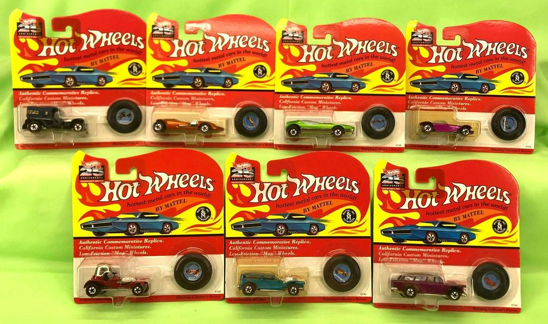Hot Wheels 25th Anniversary group of 7 Mint On Card: Hot Wheels 25th Anniversary group of seven 1992 cars Mint On Card, some have a price sticker. Lot consists of: Red Baron red, #5700; The Demon teal, #5730; Classic Nomad purple, #5743; Beatnik Bandit 