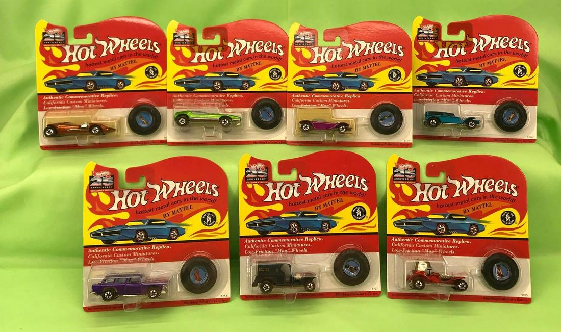Hot Wheels 25th Anniversary group of 7 Mint On Card: Hot Wheels 25th Anniversary group of seven 1992 cars Mint On Card, some have a price sticker. Lot consists of: Classic Nomad purple, #5743; Paddy Wagon black, #5707; Red Baron red, #5700; The Demon te