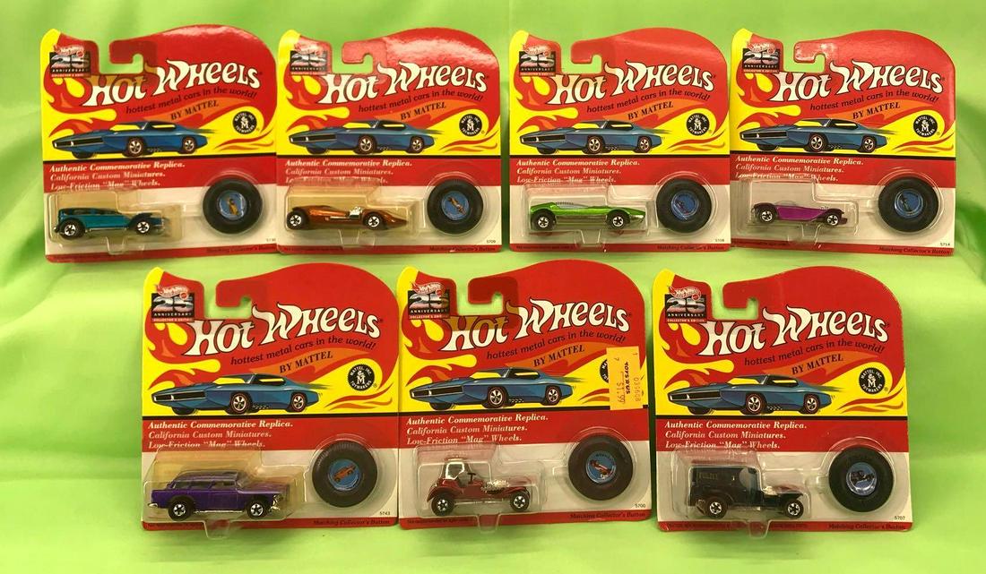 Hot Wheels 25th Anniversary group of 7 Mint On Card: Hot Wheels 25th Anniversary group of seven 1992 cars Mint On Card, some have a price sticker. Lot consists of: The Demon teal, #5730; Classic Nomad purple; #5743; Red Baron red, #5700; Twin Mill coppe