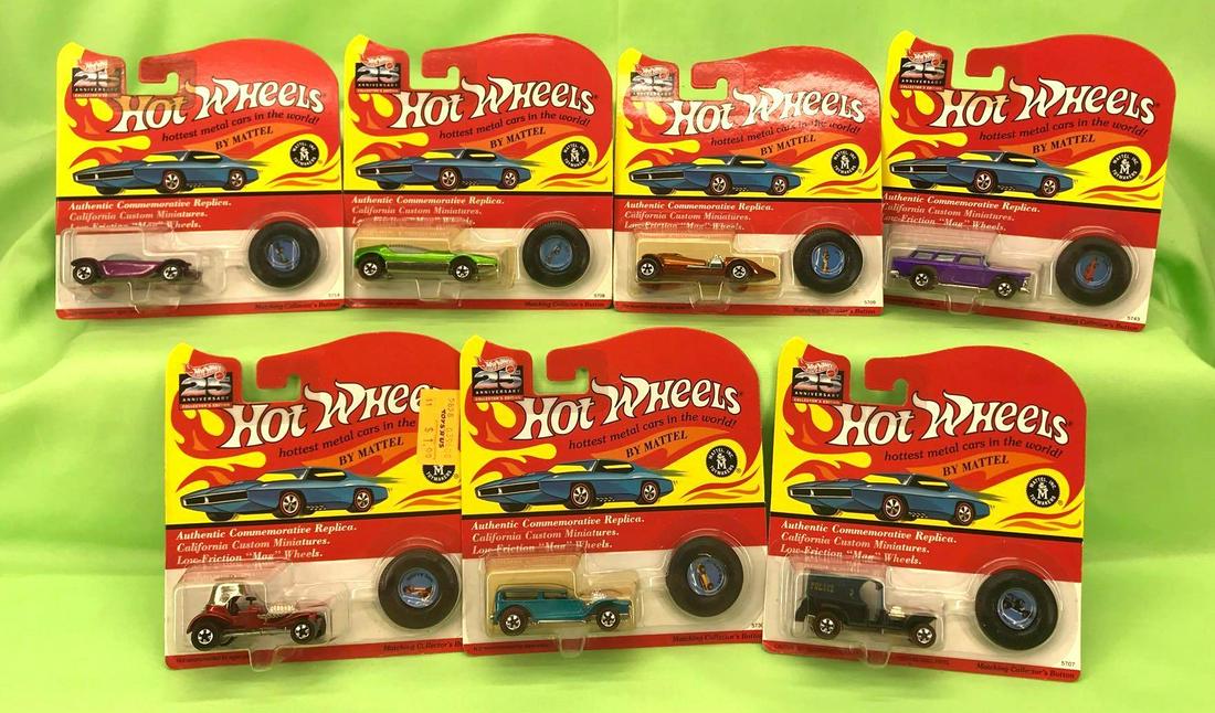 Hot Wheels 25th Anniversary group of 7 Mint On Card: Hot Wheels 25th Anniversary group of seven 1992 cars Mint On Card, some have a price sticker. Lot consists of: Paddy Wagon black, #5707; Red Baron red, #5700; The Demon teal, #5730; Classic Nomad purp