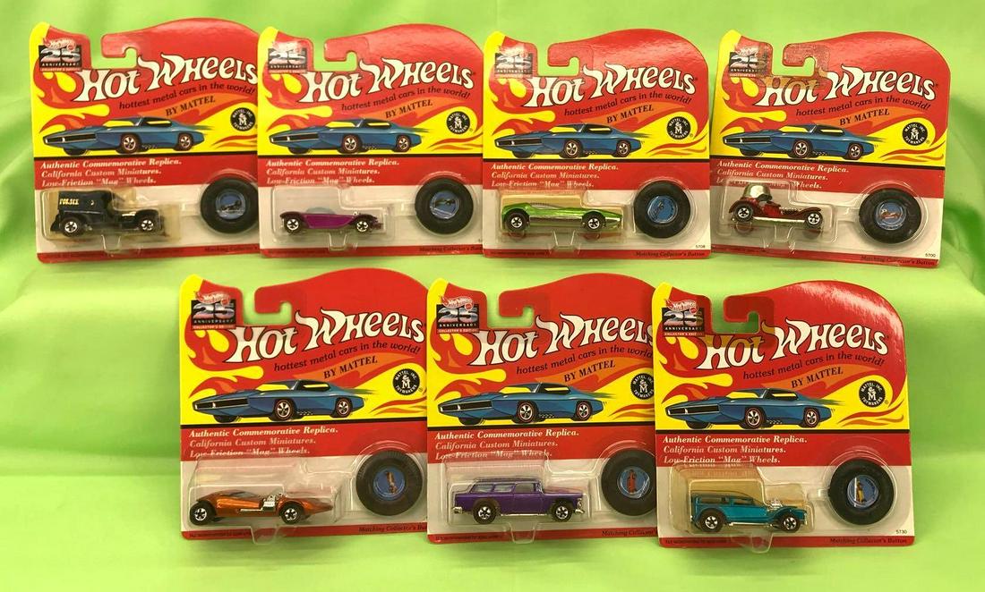 Hot Wheels 25th Anniversary group of 7 Mint On Card: Hot Wheels 25th Anniversary group of seven 1992 cars Mint On Card, some have a price sticker. Lot consists of: The Demon teal, #5730; Classic Nomad purple; #5743; Red Baron red, #5700; Twin Mill coppe