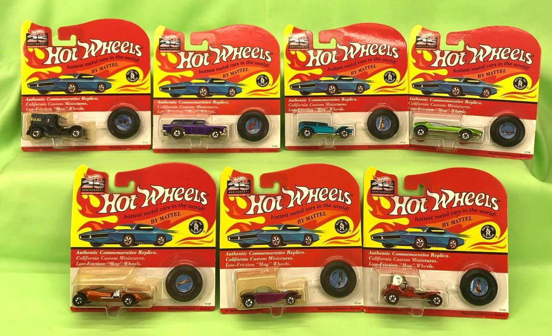 Hot Wheels 25th Anniversary group of 7 Mint On Card: Hot Wheels 25th Anniversary group of seven 1992 cars Mint On Card, some have a price sticker. Lot consists of: Red Baron red, #5700; Beatnik Bandit fuchsia, #5714; Twin Mill copper, #5709; Spittin'