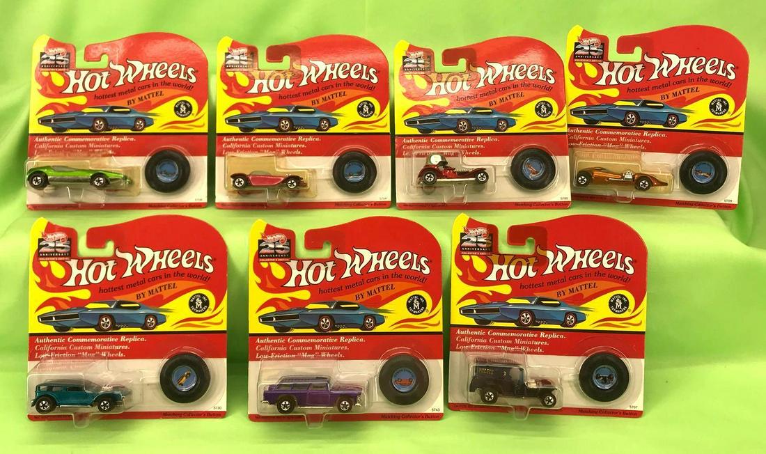 Hot Wheels 25th Anniversary group of 7 Mint On Card: Hot Wheels 25th Anniversary group of seven 1992 cars Mint On Card, some have a price sticker. Lot consists of: The Demon metallic teal, #5730; Classic Nomad purple, #5743; Paddy Wagon black, #5707; Tw