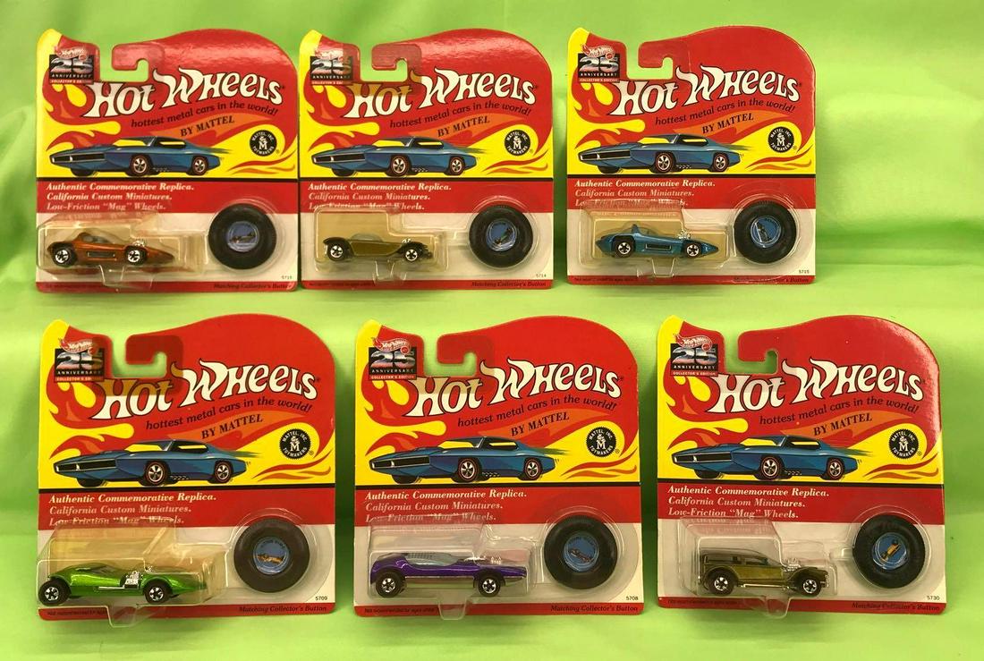 Hot Wheels 25th Anniversary group of 6 Mint On Card: Hot Wheels 25th Anniversary group of six 1992 cars Mint On Card, some have a price sticker. Lot consists of: Silhouette metallic blue, #5715; Silhouette copper, #5715; Twin Mill metallic green, #5709;