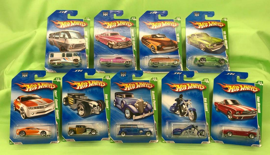 Hot Wheels mixed lot Treasure Hunt 9 cars Mint on Card: Hot Wheels Treasure Hunt mixed group of: 2008 GMC Motorhome, silver copper rims, #P2361; 2008 '49 Merc copper, #P2359; 2008 Bad Bagger royal hyacinth, #P2353; 2009 '69 Ford Mustang metallic gr