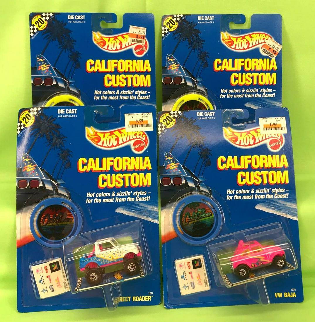 Hot Wheels California Customs Mint on Card: Hot Wheels California Customs Lot of 4. This lot includes: 1989 Street Roader white over blue with pink, #1287; 1989 VW Baja pink and purple with yellow and teal lightning bolt, #1238; 1989 Ferrari pu