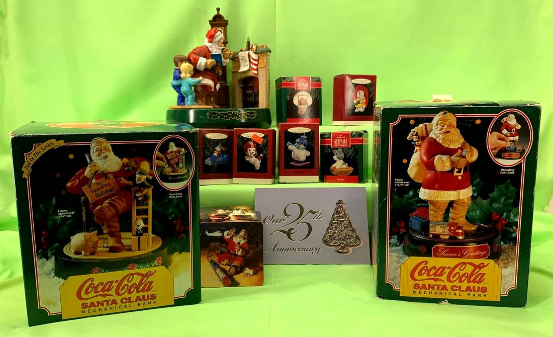 Hallmark And Coca-Cola Ornaments And 25th Anniversary: Hallmark Keepsake Ornaments & Coca-Cola Christmas Banks. All ornaments and banks appear to be in like new if not new condition. Boxes show little to some ruff wear. This lot includes, 5 Brother 19