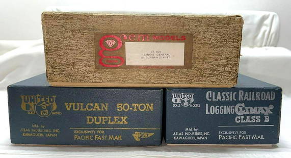 United Scale Models Gem Models Pacific Fast Mail EMPTY: United Scale Models Gem Models Pacific Fast Mail EMPTY boxes NO trains. Three EMPTY HO scale boxes total for brass trains, all are in really good condition. Gem Models box has a slightly concave lid