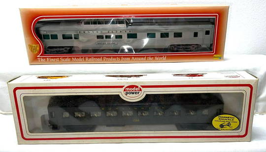 HO gauge Denver Zephyr Silver Flash Vista obs and: HO gauge Con-Cor CB&Q Denver Zephyr Silver Flash Vista observation passenger car and Burlington US Army Troop carrier, custom decorated. Trains and boxes have been on display and in storage, but