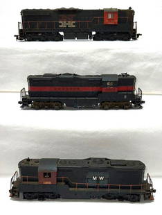 HO gauge unmarked custom decorated diesel GP: HO gauge unmarked custom decorated diesel GP locomotives; MW powered, NH dummy, Webster powered. Trains have some missing trim, all have been displayed and in storage. Trains should clean to look C6
