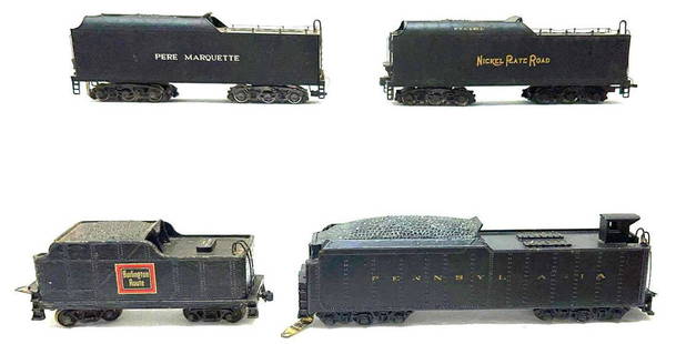 HO gauge four loose steam tenders Pere Marquette NKP: HO gauge four loose steam tenders, missing trim, steps, coupler, etc. Rivarossi Pere Marquette 12 wheel, Rivarossi NKP Nickle Plate Road 12 wheel, unmarked diecast Burlington Route die-cast metal ,