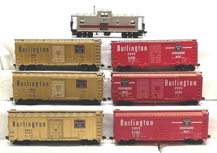 HO gauge Burlington Route Accurail boxcars and Atlas: HO gauge Burlington Route, three Accurail red boxcars, one Atlas caboose, and three Gold unmarked boxcars. Some trains may or may not have missing or broken trim. Trains have been displayed and in