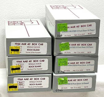Seven C&BT Shops HO gauge unbuilt box cars in original: Seven C&BT Shops HO gauge unbuilt box cars in original boxes. Two are 1944 AAR 40' boxcar undecorated, 8ft door 10 panel. Two are 1944 AAR 40' boxcar undecorated, 8ft door 12 panel. Three