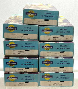 Nine HO gauge Athearn Amtrak passenger cars in original: Nine HO gauge Athearn Amtrak passenger cars in original boxes. Trains are unassembled and complete. Boxes have been in storage and are dusty, but contents are perfectly clean and ready to assemble.