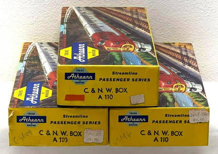 Three unbuilt Athearn HO gauge A 110 C&NW streamline: Three unbuilt Athearn HO gauge A 110 C&NW streamline passenger series boxcars in original boxes, complete. Boxes show little to no wear, price stickers.
