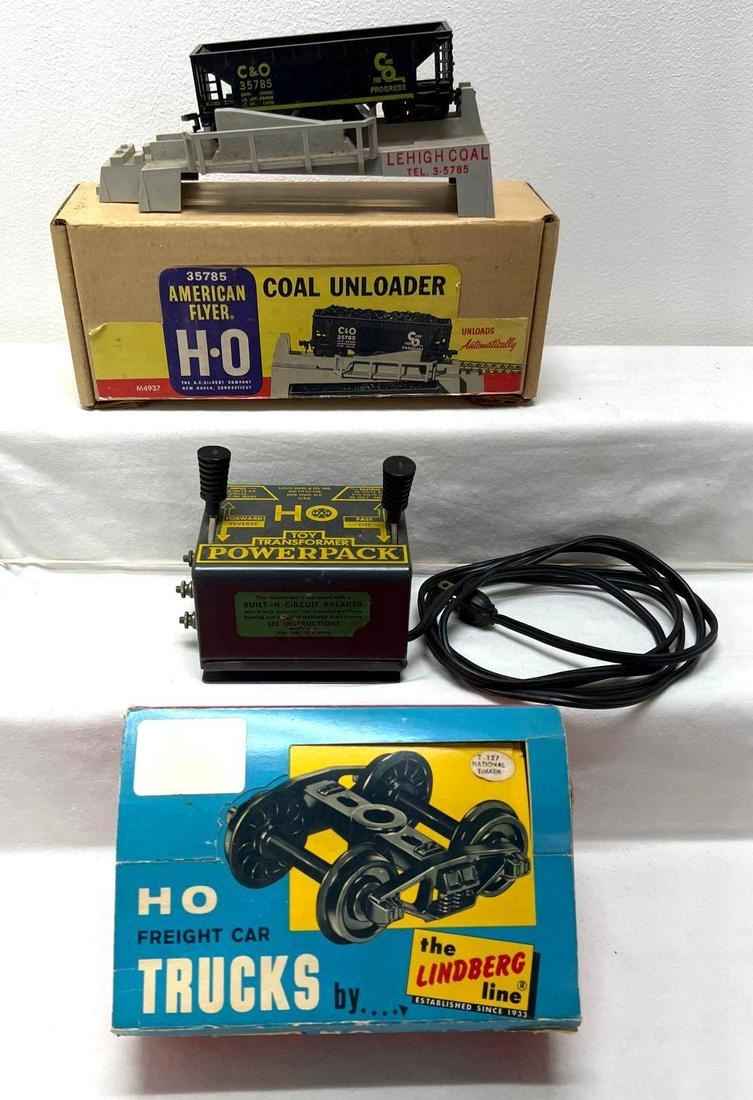 American Flyer 35785 coal unloader Marx HO transformer: HO gauge American Flyer 35785 coal unloader in original box, should clean C7-8. Box is very square and solid with little wear. Marx CAT. No. 6030 HO transformer, transformer looks C7 area. Lindberg T-