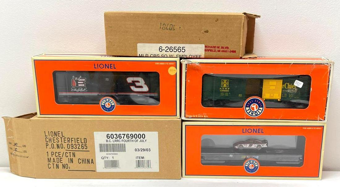 Modern era Lionel O gauge 26565 25031 36224 26354 36769: Modern era Lionel O gauge 26565 Employee caboose, 25031 Dale Earnhardt, Sr. boxcar, 36224 Santa Fe box car, 26354 Kasey Kahne flatcar with stock car, 36769 LRRC Fourth of July lighted box car, in orig