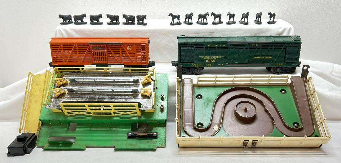 Postwar Lionel O gauge 3656 Armour stockyard 3356 Santa: Postwar Lionel O gauge 3656 Armour stock car and stockyard with controller and six original cattle, 3356 Santa Fe horse car and corral with eight original horses. 364c has a broken corner. Trains and 