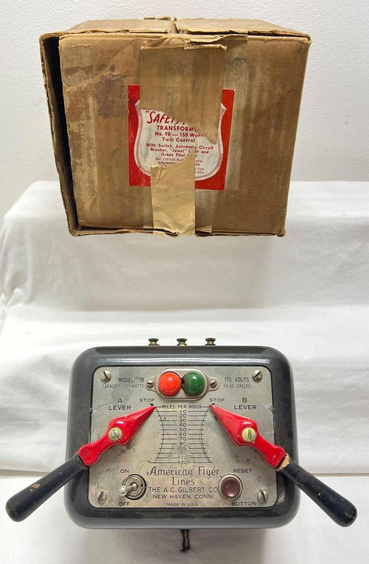 Postwar American Flyer 9B 150 watts transformer in: Postwar American Flyer 9B 150 watts transformer in original box. Cord has been cut, clean case C6. Box has split corner and old masking tape, could be repaired to look very square and solid.