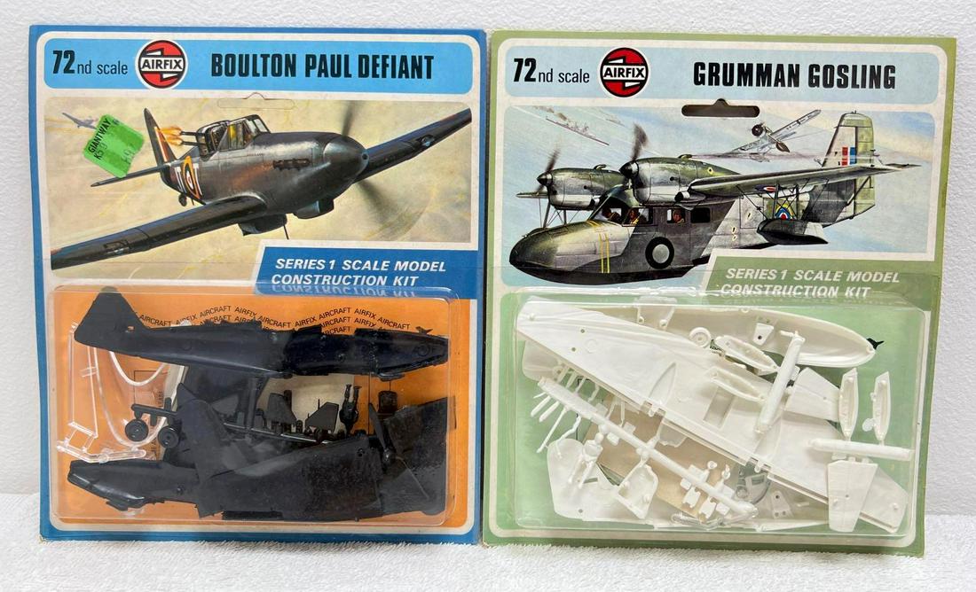 Airfix 1/72 scale Grumman Gosling Boulton Paul Defiant: Airfix 1/72 scale Grumman Gosling Boulton Paul Defiant airplane kits in sealed blister cards. Blisters are sealed with no cracks. Cards are fairly flat, hangers are punched with light wear, price stic