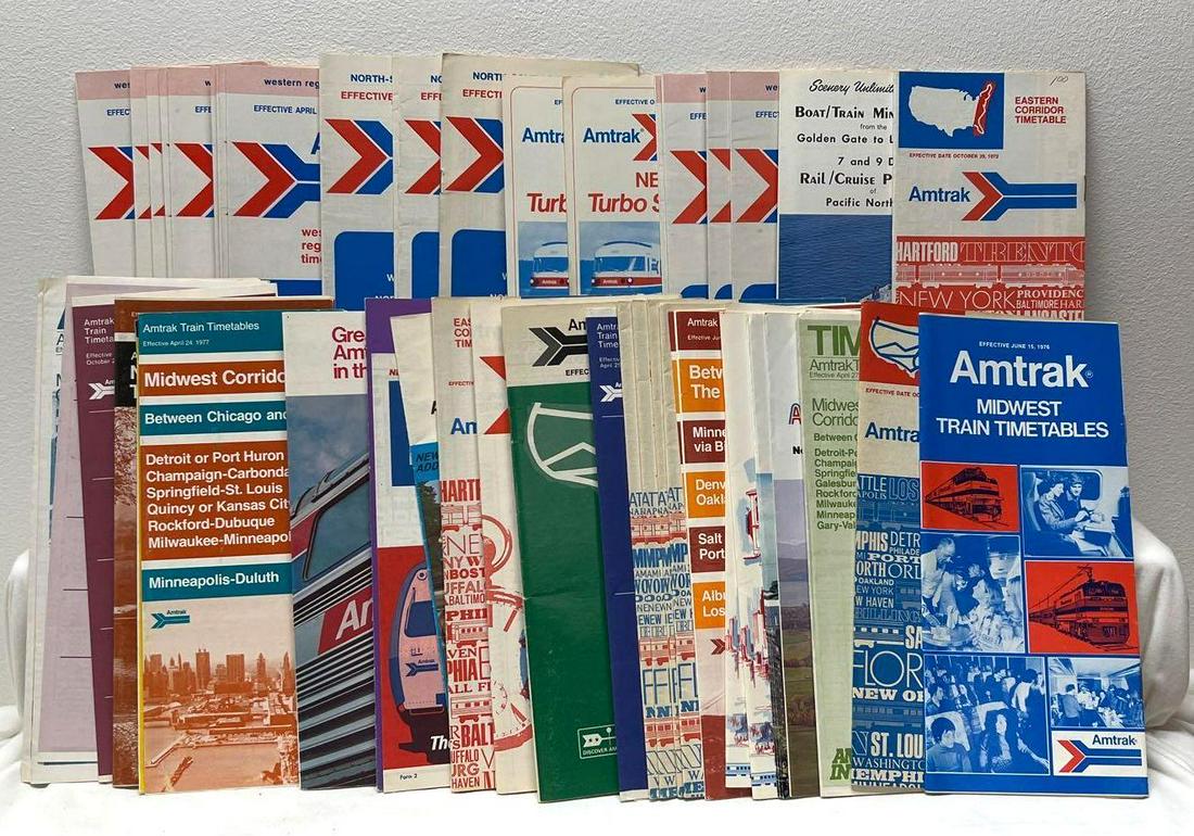 57 Amtrak Timetables Pamphlets From 1970 80s New York: 57 Amtrak Timetables From The 1970 and 1980 New York Bolton valley Chicago The Adirondack And More. This lot includes, Thirteen Amtrak Western Regional April 30, 1972, Four Amtrak North-South December