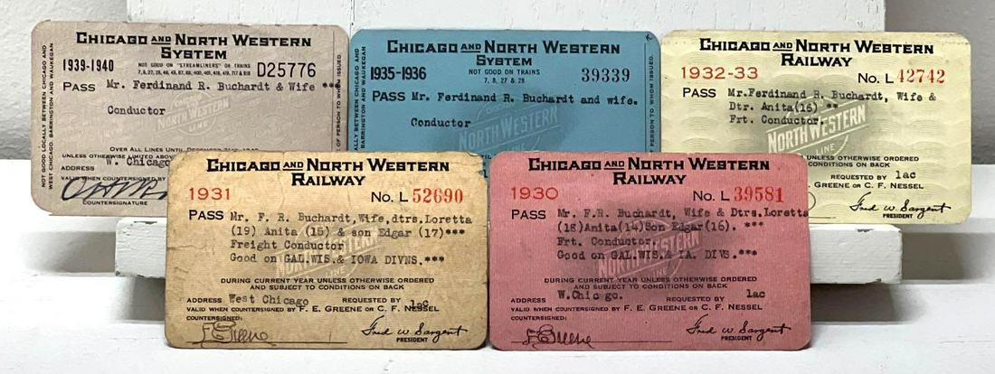 Five Chicago And North Western Railway Conductor Passes: Five Chicago And North Western Railway Conductor Passes. Chicago And North Western Railway Pass No. L39581 for Mr. F.R. Buchardt, Wife & Dtrs. Loretta (18) Anita (14) Son Edgar (16) Conductor. Goo
