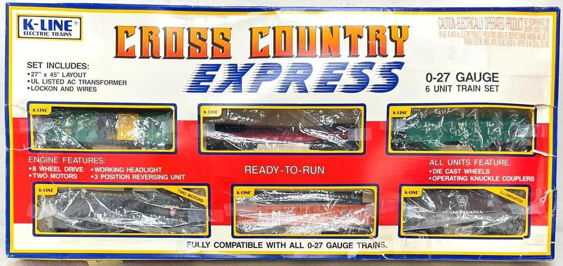 Modern Era K Line O gauge Cross Country Express 1901: Modern Era K Line O gauge Cross Country Express 1901 set in original box. Trains are very clean C8. Box has tape repairs, missing cellophane window, original bag is taped in cellophane window's pl