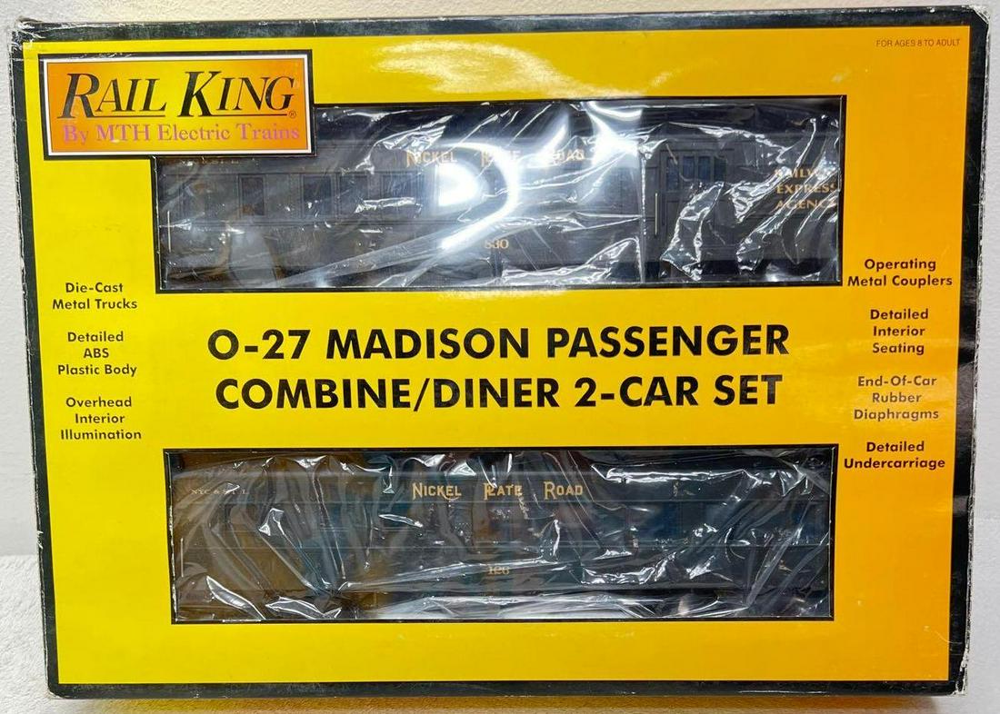 Modern Era MTH Rail King O gauge 6245 Nickel Plate Road: Modern Era MTH Rail King O gauge 6245 Nickel Plate Road 2 car Madison passenger car, Combo/Diner set in original box. Trains are C8. Box shows a little light wear to corners and edges, square and soli