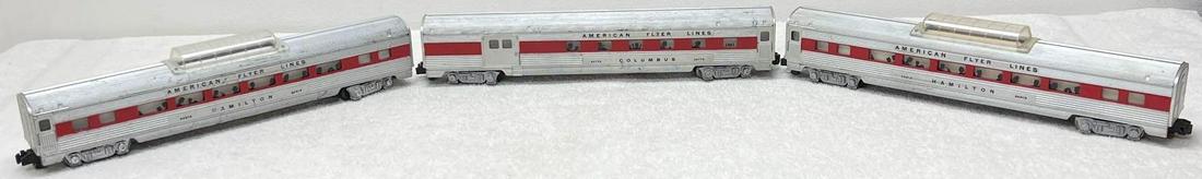 Postwar American Flyer S gauge 24773 Columbus combine: Postwar American Flyer S gauge 24773 Columbus combine, two 24813 Hamilton vista dome, passenger cars with very small spots of rust in varying degrees. Trains should clean to look C6.